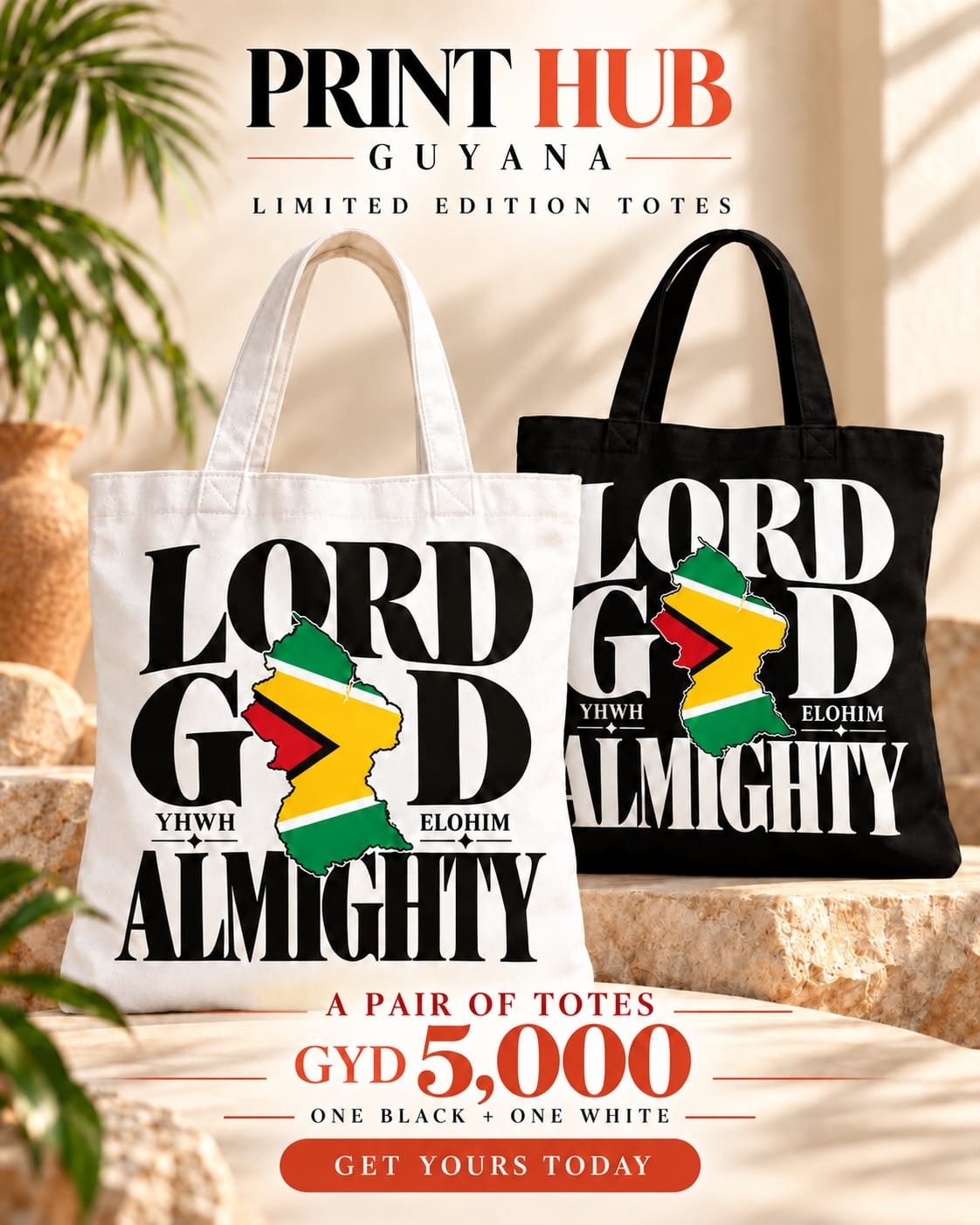 Limited Edition Totes flyer — one black and one white tote, GYD 5,000 a pair